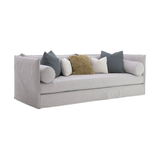The Andrea Sofa Family is bench-crafted with a sustainably harvested hardwood frame and 8-way hand-tied seat construction. Standard features include:  • spring down seat construction • boxed style back and seat cushion • double needle stitch detail • notch bottom toss pillows • bolster style arm pillow • upholstered and slipcovered available