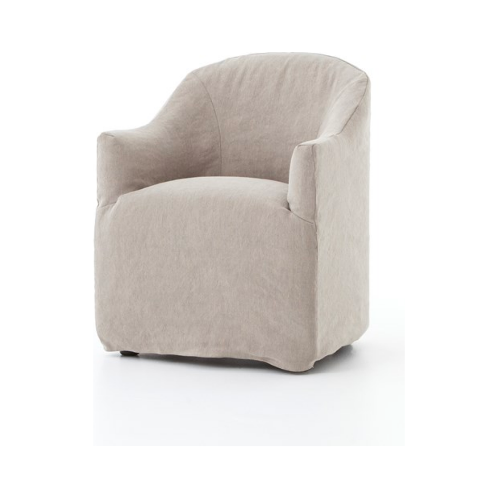 The traditional barrel chair gets a stylish, feminine update. Cunning curves covered in heather twill add eye-catching style and back-hugging support.  Size: 25.5" w x 25.25" d x 32.25" h Seat Depth: 19" Seat Height: 19.5" Arm Height from Floor: 24.5" Arm Height from Seat: 5"  Colors: Heather Twill Stone Materials: 50% Cotton/50% Jute