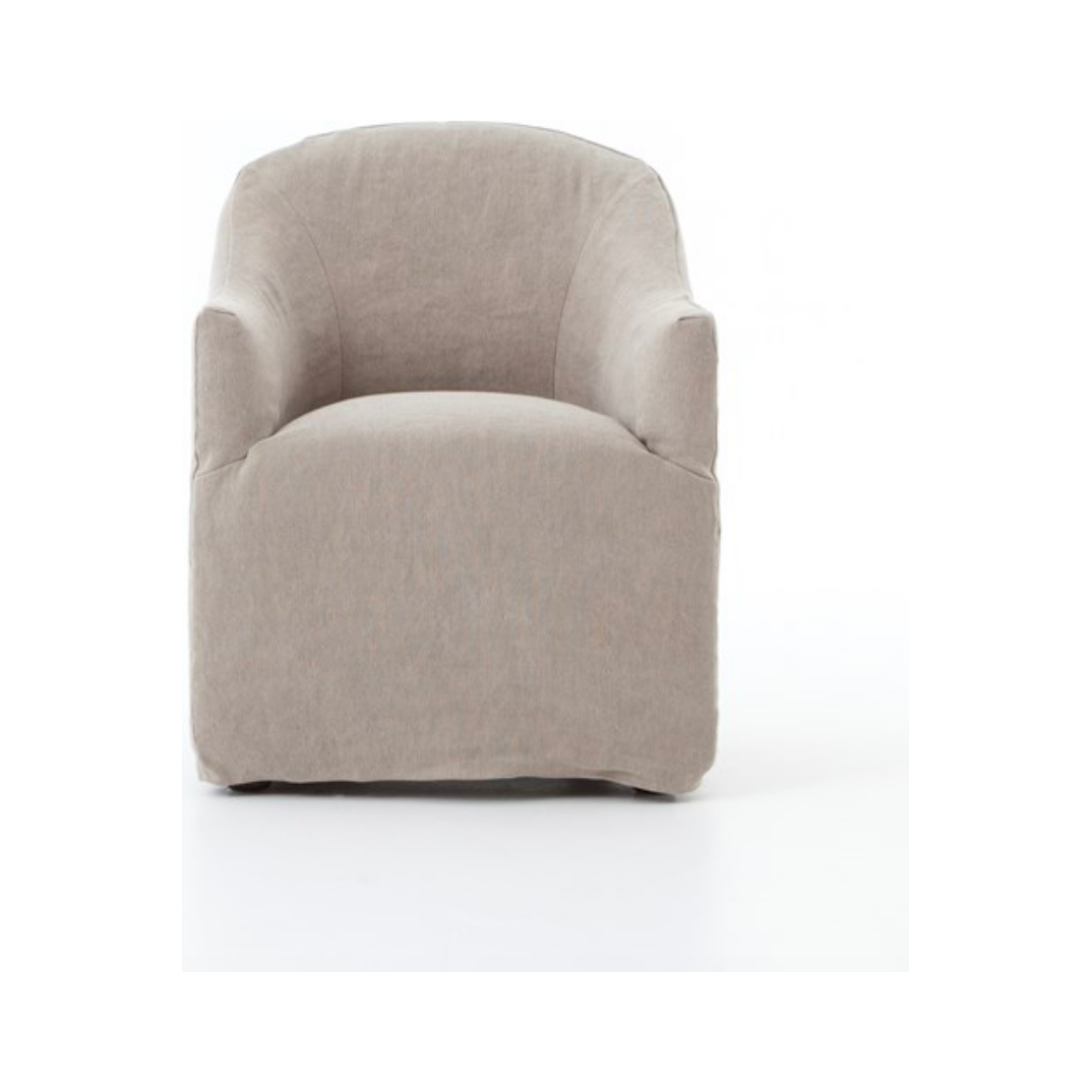 The traditional barrel chair gets a stylish, feminine update. Cunning curves covered in heather twill add eye-catching style and back-hugging support.  Size: 25.5" w x 25.25" d x 32.25" h Seat Depth: 19" Seat Height: 19.5" Arm Height from Floor: 24.5" Arm Height from Seat: 5"  Colors: Heather Twill Stone Materials: 50% Cotton/50% Jute