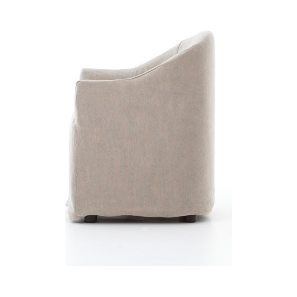 The traditional barrel chair gets a stylish, feminine update. Cunning curves covered in heather twill add eye-catching style and back-hugging support.  Size: 25.5" w x 25.25" d x 32.25" h Seat Depth: 19" Seat Height: 19.5" Arm Height from Floor: 24.5" Arm Height from Seat: 5"  Colors: Heather Twill Stone Materials: 50% Cotton/50% Jute