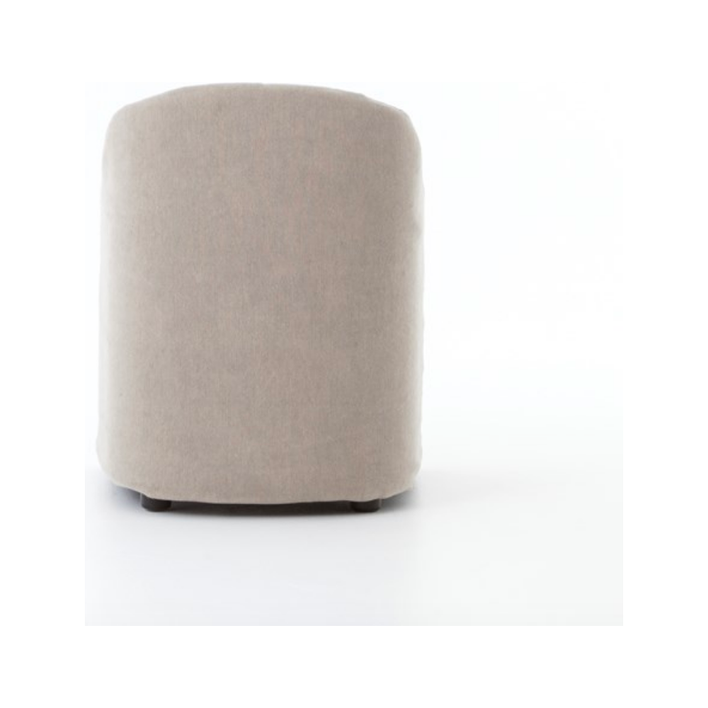 The traditional barrel chair gets a stylish, feminine update. Cunning curves covered in heather twill add eye-catching style and back-hugging support.  Size: 25.5" w x 25.25" d x 32.25" h Seat Depth: 19" Seat Height: 19.5" Arm Height from Floor: 24.5" Arm Height from Seat: 5"  Colors: Heather Twill Stone Materials: 50% Cotton/50% Jute