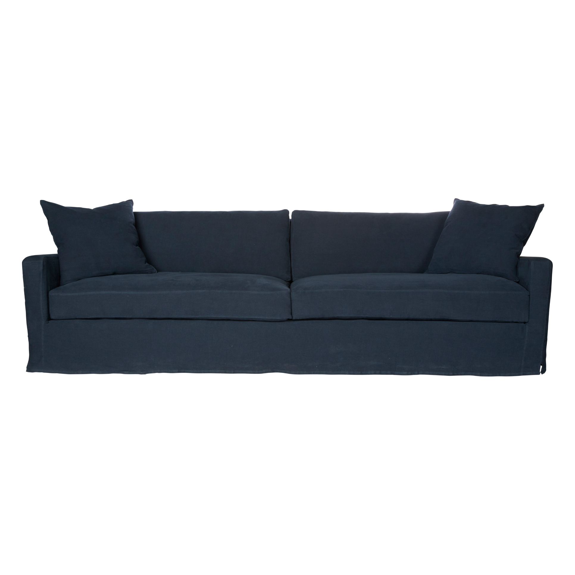 TV-binging nights are alright with the sunset sofa.  It's an extra deep sofa with a subtly reclined back.  It works well in rooms with mounted tvs or sunrooms.  Enjoy this sofa slipcovered or upholstered.  Photographed in Mariet Marine 100% linen.  108"w x 41"d x 30"h Seat Space: 96"w x 24"d x 19"h