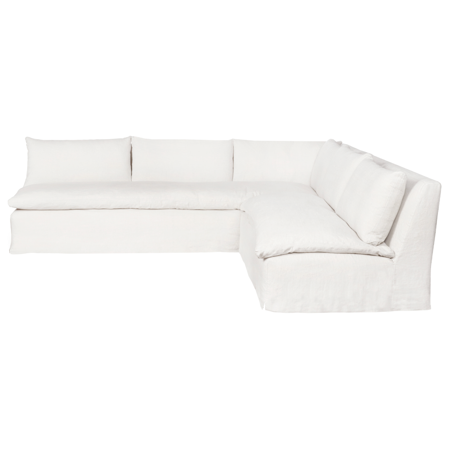 A casual, slipcovered chunky linen sectional by Cisco Brothers, The Laguna is the ultimate in casual luxury.  A down-filled seat cushion is supported by springs in a gentle, resting position.  Pair with a one-of-a-kind statement rug for a signature look.  Shown in Otis White 100% linen  113"w x 31"h x 113"d Seat Space: 96"w x 96"d x 16"h  Available in Slipcovered and Upholstered. Shown as a Right Arm Facing Sectional.