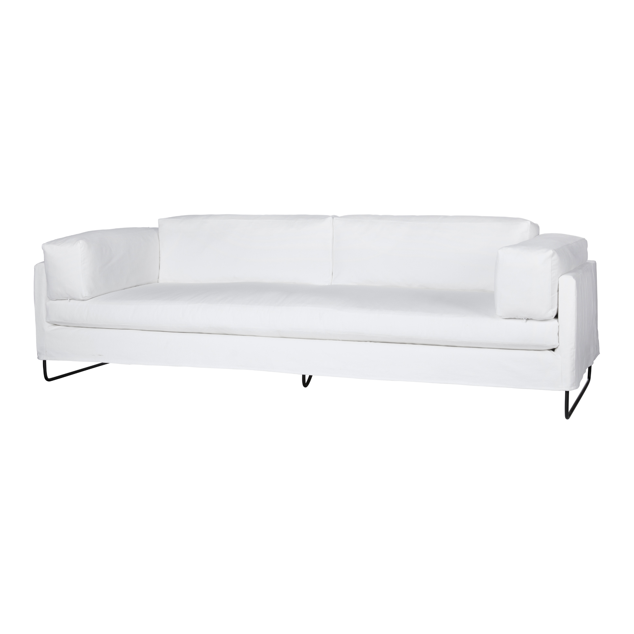 The gorgeous Allister slipcovered sofa by Cisco Brothers is chic and dreamy. The chunky pillows are so much fun with this silhouette. This sofa is photographed in Molino White fabric.  Dimensions: 101"w X 40"d X 24"h Seat dimensions: 77"w X 27"d  Support: webbing, stitch: Blind Leg: Base-metal  Note: Feather & Down included upon a black rust metal base