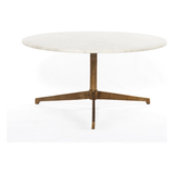 Simple, sophisticated style. The Helen Round Coffee Table has a slim tripod base of raw brass supports a rounded tabletop of polished white marble. Petite scale perfect for smaller spaces or rooms with a sectional.