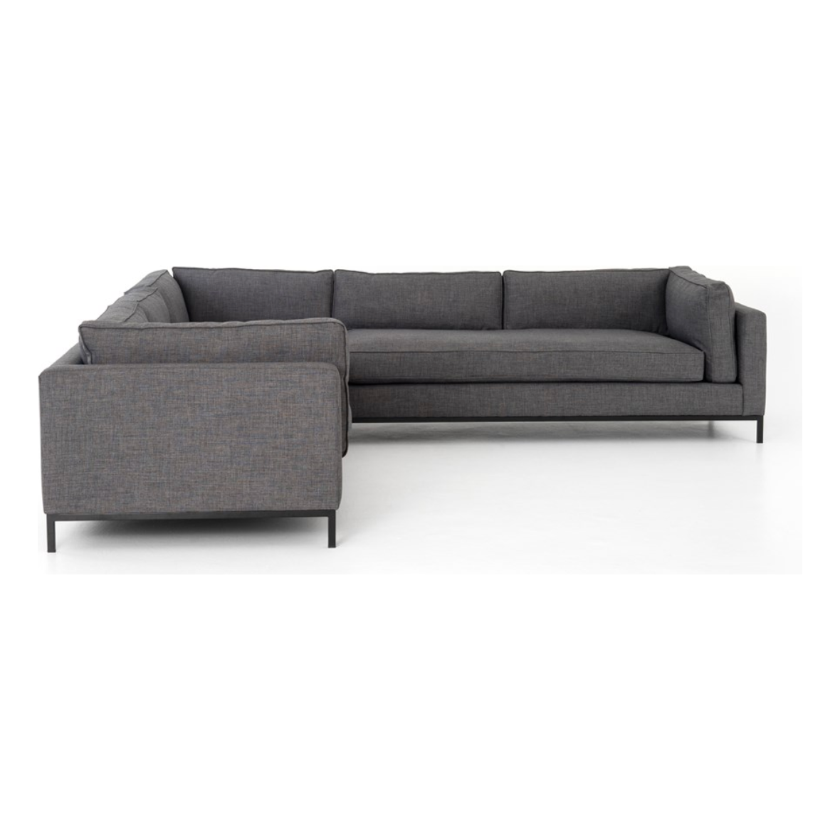 Featuring Grammercy 3-Piece Sectional - Bennett Charcoal by Four Hands at Amethyst Home. Flexible style, luxurious comfort and family-friendly upholstery. Clean, simple lines and a black iron base keep things casual and chic.
Overall Dimensions: 119"W x 119"L x 30"HColors: Matte Black, Bennett CharcoalMaterials: Iron, 100% PolyesterWeight: 284.39 lbVol.  Amethyst Home provides interior design, new home construction design consulting, vintage area rugs, and lighting in the Newport Beach metro area.