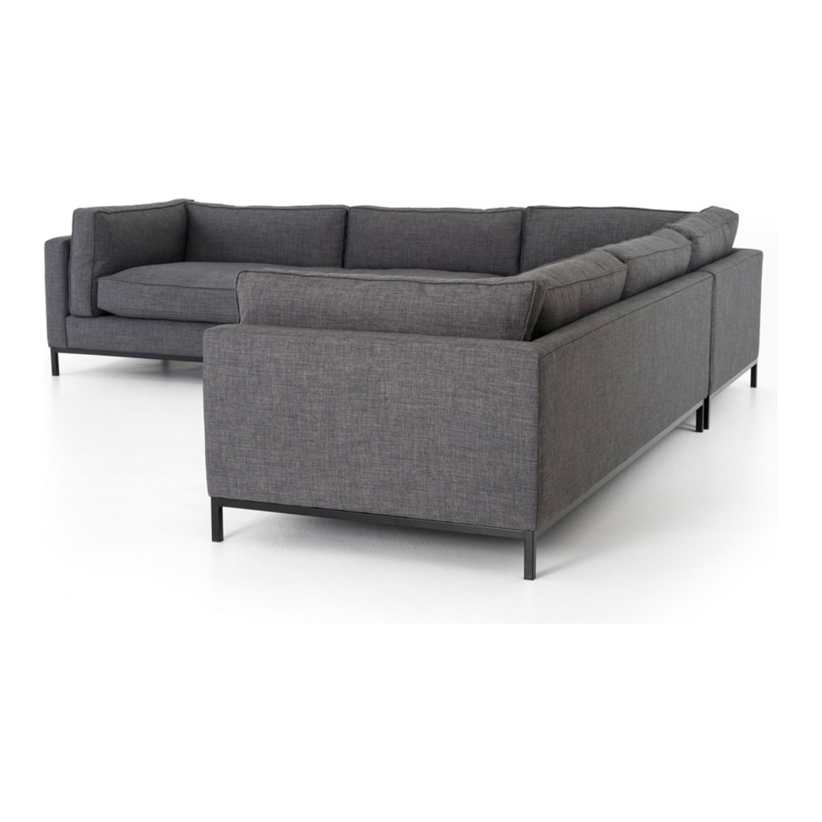 Featuring Grammercy 3-Piece Sectional - Bennett Charcoal by Four Hands at Amethyst Home. Flexible style, luxurious comfort and family-friendly upholstery. Clean, simple lines and a black iron base keep things casual and chic.
Overall Dimensions: 119"W x 119"L x 30"HColors: Matte Black, Bennett CharcoalMaterials: Iron, 100% PolyesterWeight: 284.39 lbVolume: 123.  Amethyst Home provides interior design, new home construction design consulting, vintage area rugs, and lighting in the Miami metro area.
