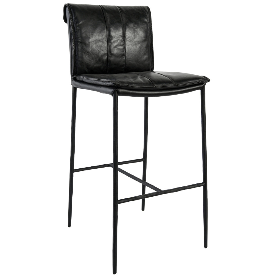 Mayer Bar Stool 30" Dimensions: 19"W x 21"D x 43"H Material: Top Grain Leather, Hammered Iron Legs Mayer Counter Stool Tan 26"  Dimensions: 19"W x 21"D x 39"H Materials: Top Grain Leather, Hammered Iron Legs