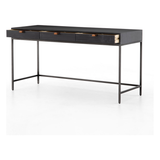 The Trey Black Wash Poplar Modular Writing Desk sleek and simple, black-finished poplar offers plenty of desk storage by way of three spacious drawers. Metal-secured pulls of top-grain leather add a textural element of surprise. Great solo or paired with matching corner desk, file cabinet or credenza.