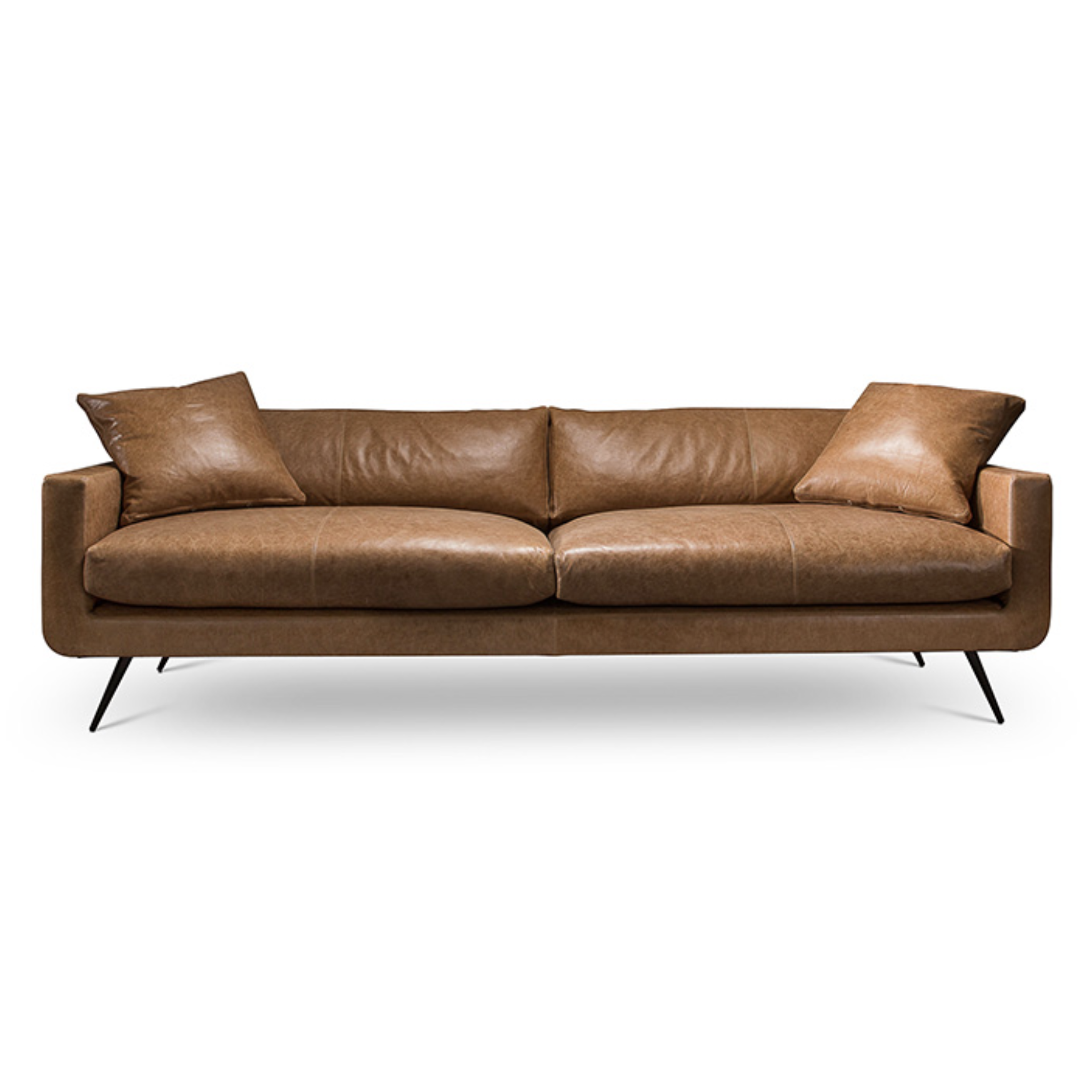 Instantly a modern classic, the Stella Sofa Family by Verellen is made with a sustainably harvested hardwood frame and 8-way hand-tied seat construction. It comes standard with:  • Spring Down Seat Construction • Boxed Back Pillows • Loose Bullnose Style Dual Seat Cushion • Boxed Toss Pillows • Center Seam on Front Rail • Double Needle • 8”H Metal Conical Leg with Black Matte Finish • Slipcover Not Available • Available as a Sectional