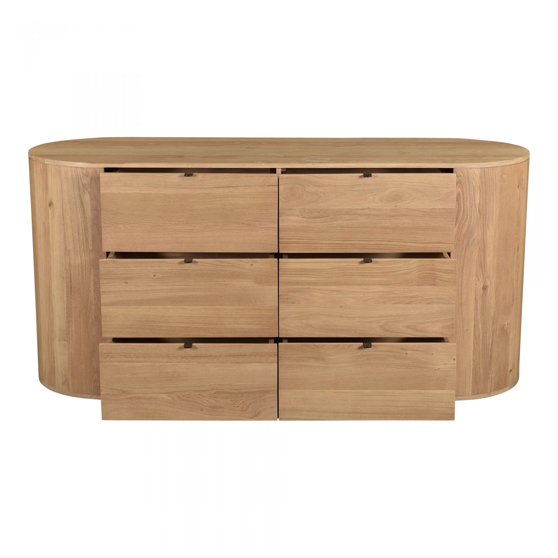 Crafted from solid oak with a natural semi-gloss finish, the Theo Dresser is a natural beauty. The six drawers are deep and soft-closing - the perfect combo for a bedroom dresser!  Size: 66"W x 22.5"D x 31.5"H Material: Solid Oak