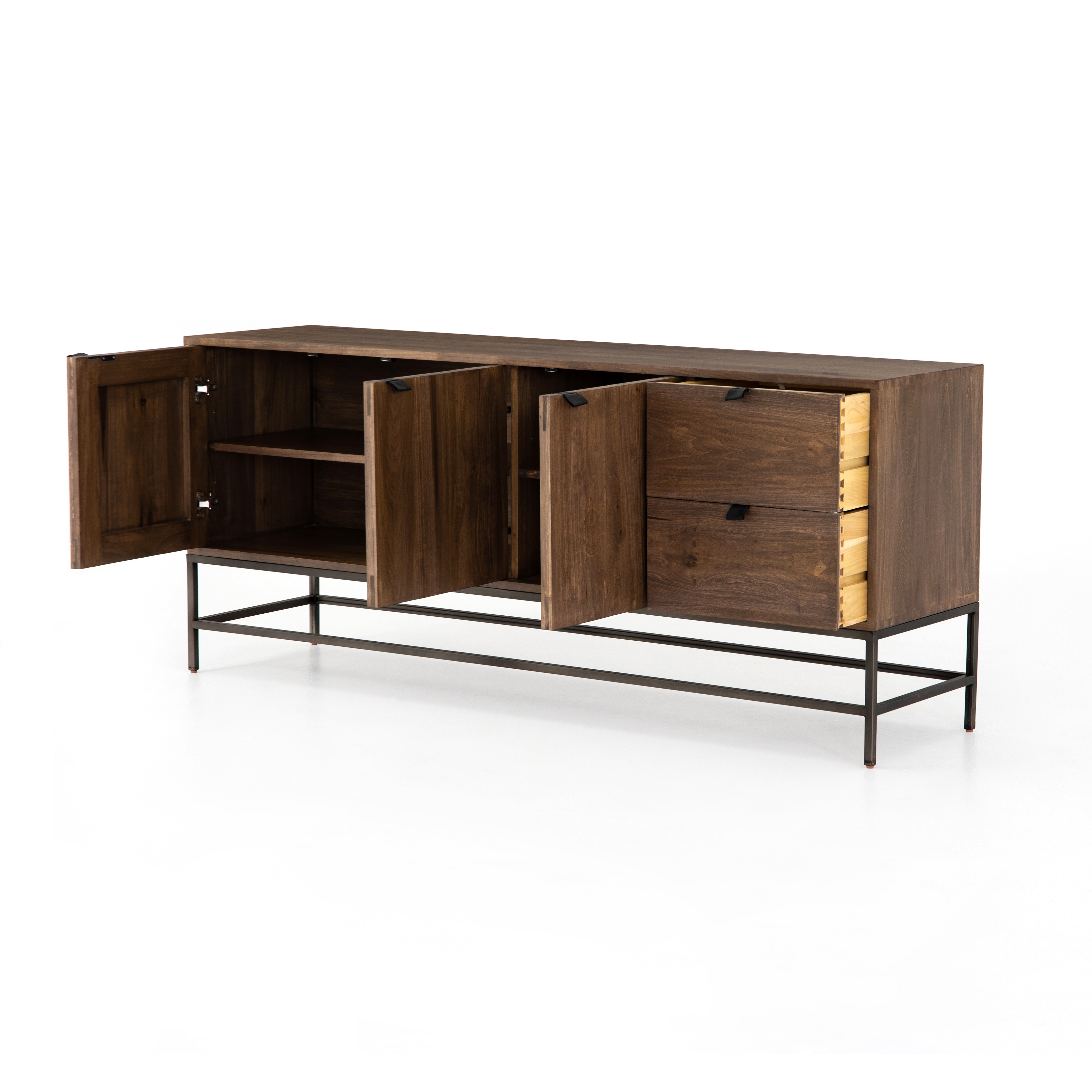 We love the clean, slim legs of this Trey Auburn Poplar Sideboard. The doors and drawers make this the perfect sideboard for families wanting extra storage space while also making a statement  Size: 72"w x 18"d x 31"h Materials: Iron, Poplar, Top Grain Leather