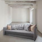 The Kate Sofa Family by Verellen is a modern-lovers dream!  The exaggerated high arms and juicy, spring down cushion are the ultimate in comfort. Removable multi-back down-filled pillows can be personalized to your liking. Shown in a heavy duty laundered casual linen. Extra deep with a moderately low seat height.