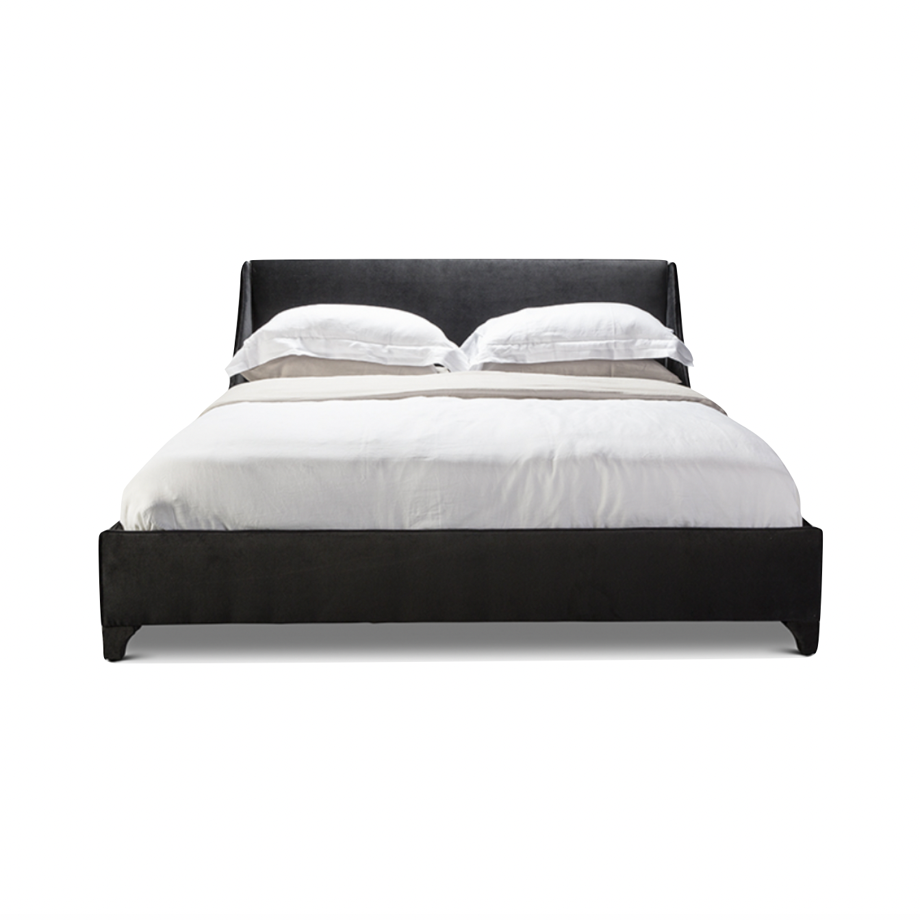 A Verellen Modern, the Mabel Bed is a curved beauty. This bed completes the mood for any master bedroom and has these features:   double needle stitch detail upholstered legs platform style base mattress only – not used with boxspring