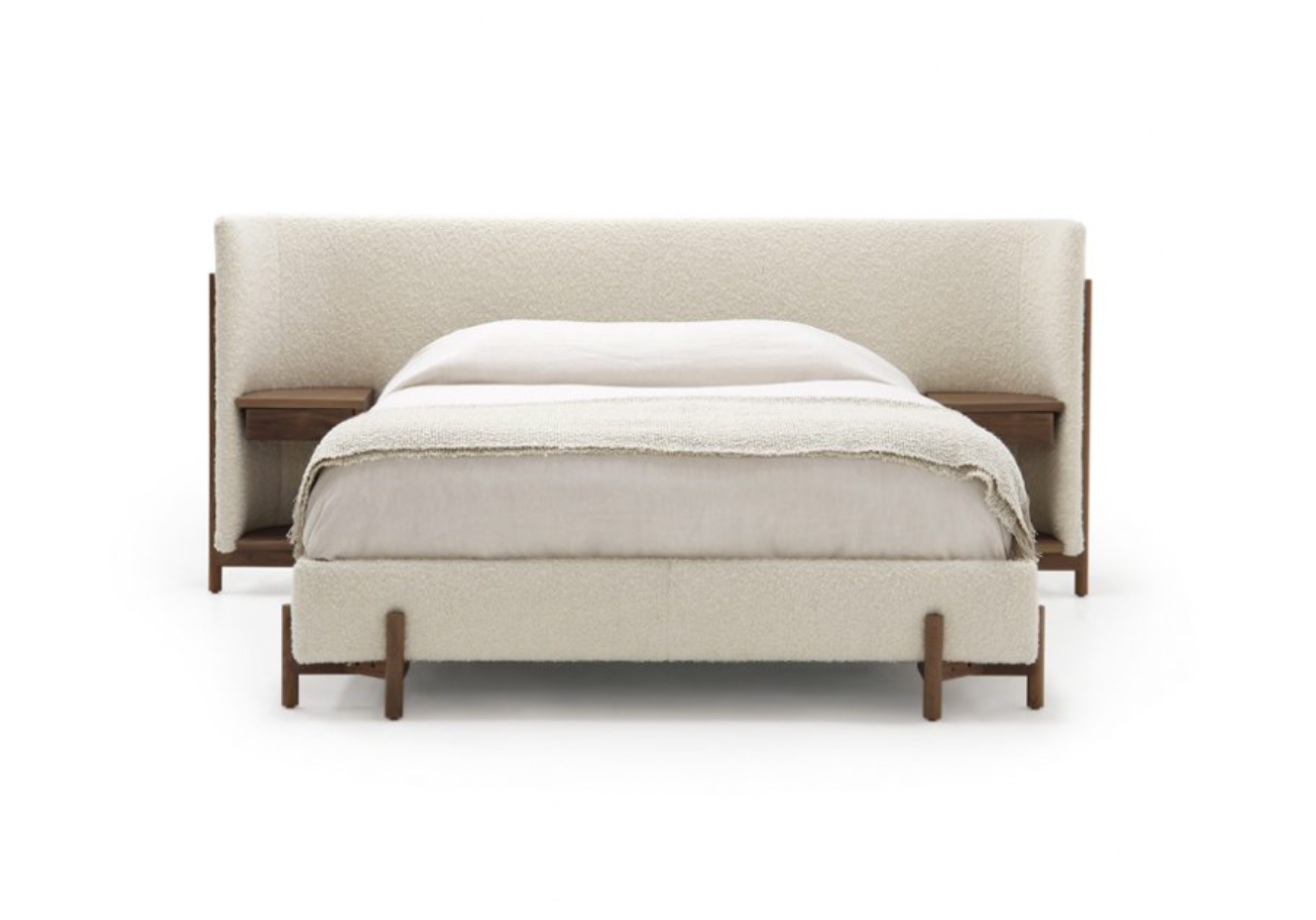 The Sullivan Bed by Verellen has built in side tables that take this bed to the next level. This functional and gorgeous bed features:  3″ inset mattress – accommodates mattress only built in side tables available upholstered only double needle stitch detail exposed wood legs Available with Table Finishes only. See page 3 of wood finish document.