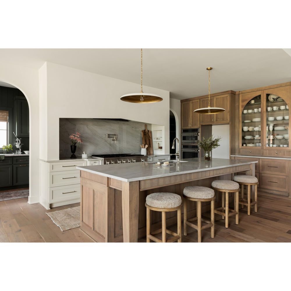 Featuring Piatto Large Pendant by Visual Comfort at Amethyst Home. The Piatto Large Pendant is one of our favorite lighting pieces for a kitchen island. Finished in a Hand-Rubbed Antique Brass with Plaster White Shade is an elegant take on a timeless pendant light.
Overall Dimensions: 24" L x 24" W x 7" HWeight: 9 lbs..  Amethyst Home provides interior design, new home construction design consulting, vintage area rugs, and lighting in the Washington metro area.