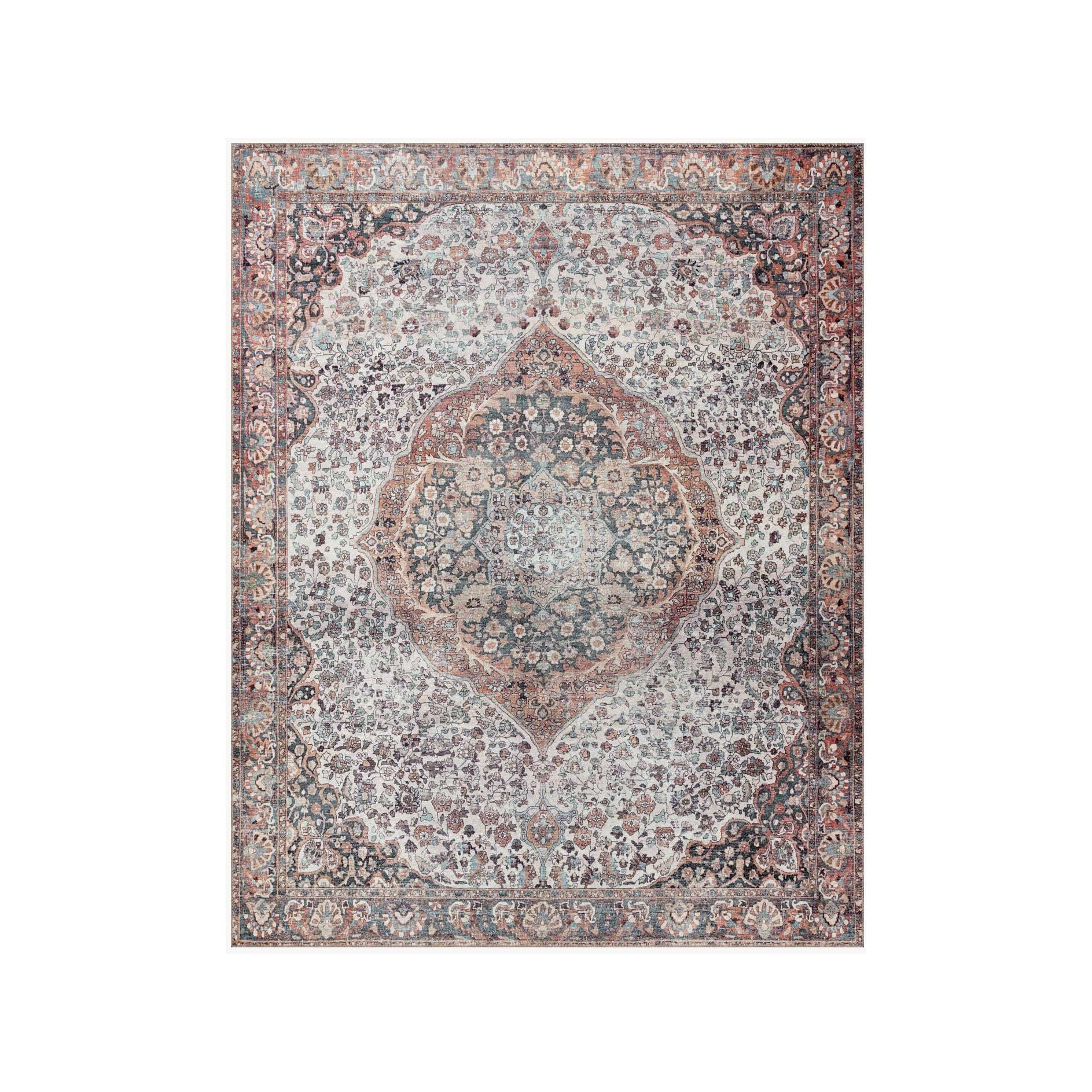 The Wynter Red / Multi area rug showcases a one-of-a-kind vintage or antique area rug look power-loomed of 100% polyester. This rug brings in tones of red, ivory, black, orange, and hints of blue. The rug is ideal for high traffic areas such as living rooms, dining rooms, kitchens, hallway, and entryways.