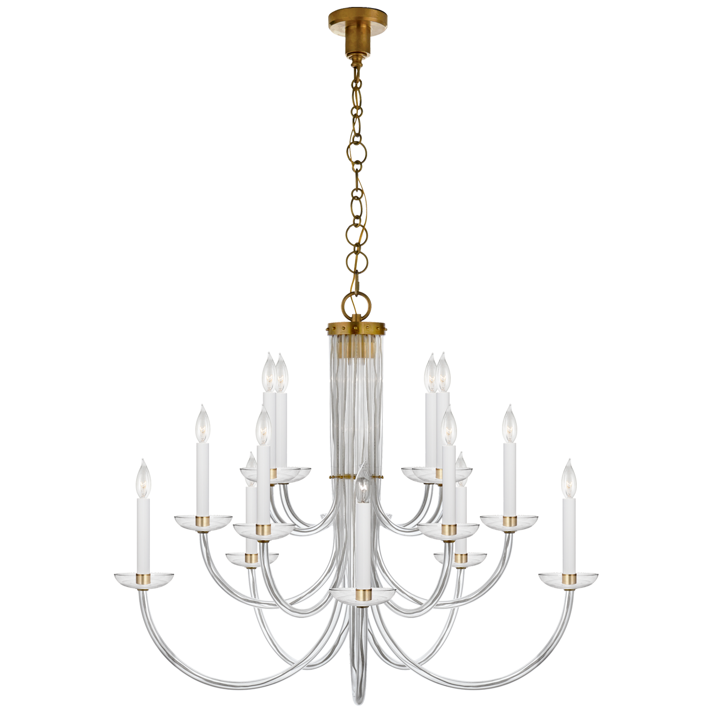 The crystal shade and slim, curved layers of this Wharton Chandelier by Visual Comfort make it an eye catcher for any living room, entry way, or other large area