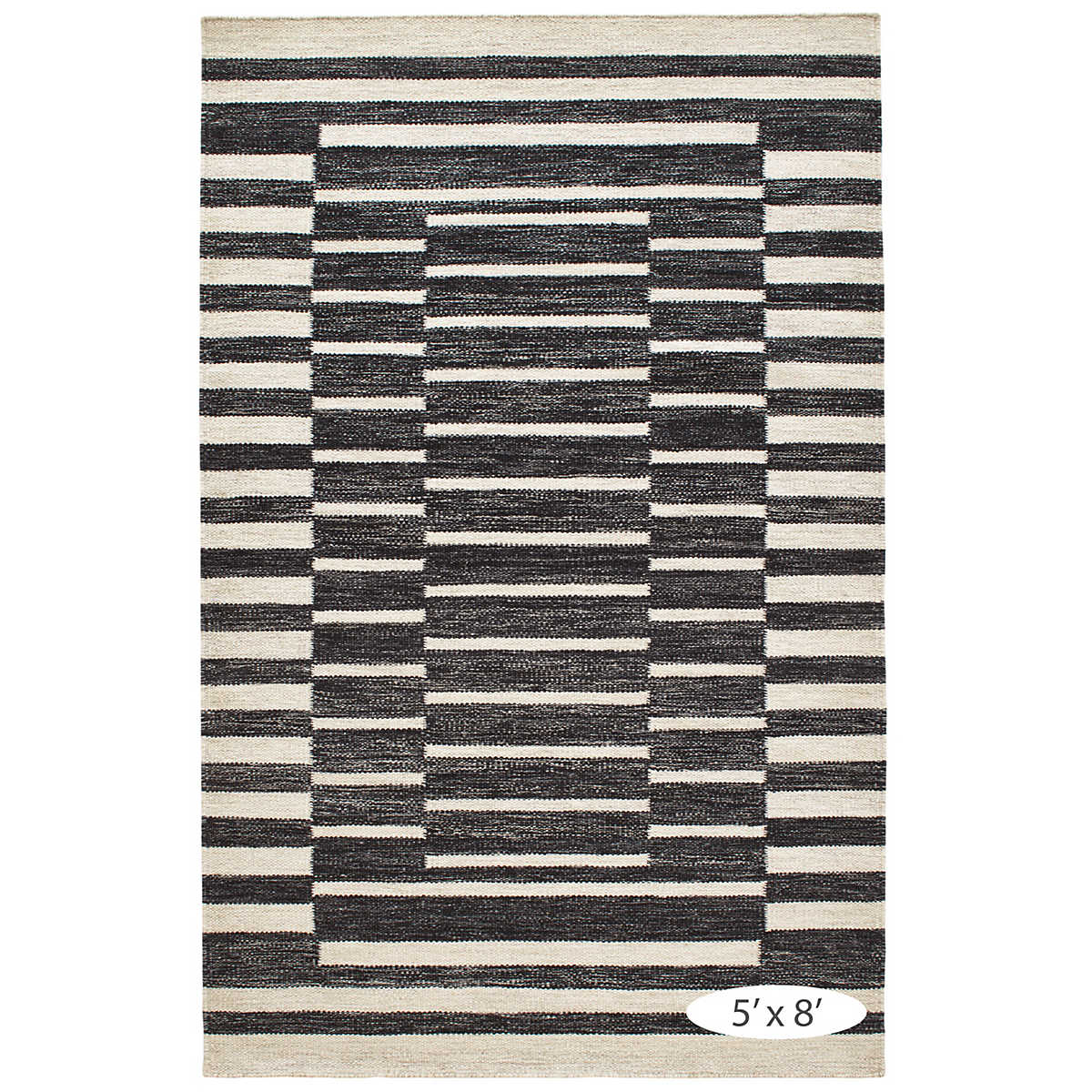 The Heights Charcoal Rug creates the illusion of layers with this gorgeous chunky, flatwoven wool rug. Concentric rectangles of offset ladder stripes make a bold graphic statement. Hand-loomed by artisans from undyed natural fleece wool in marled shades of Charcoal and Ivory. Amethyst Home provides interior design services, furniture, rugs, and lighting in the Miami metro area.