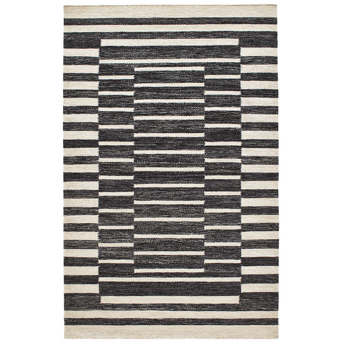 The Heights Charcoal Rug creates the illusion of layers with this gorgeous chunky, flatwoven wool rug. Concentric rectangles of offset ladder stripes make a bold graphic statement. Hand-loomed by artisans from undyed natural fleece wool in marled shades of Charcoal and Ivory. Amethyst Home provides interior design services, furniture, rugs, and lighting in the Omaha metro area.