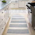 Wide bands of micro stripes, structured with crisp, banded edges on an ivory ground, bring modern balance and subtle texture to this woven cotton area rug. Constructed using a hand loomed flat weave in durable 100% cotton. Amethyst Home provides interior design services, furniture, rugs, and lighting in the Des Moines metro area.