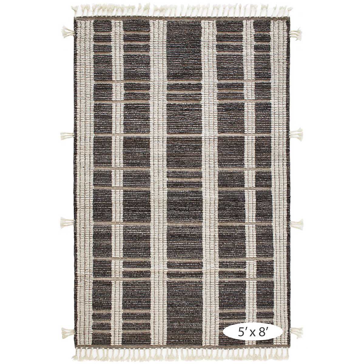 The Tory Grey/Ivory Rug stripes of Ivory fleece alternate with raised bands of naturally colored, mélange Charcoal wool. Interspersed by low-profile, woven taupe boundaries that bring rhythm to the textural blocks. Length sides are lightened with funky, bohemian braided tassels that add whimsy. Amethyst Home provides interior design services, furniture, rugs, and lighting in the Des Moines metro area.