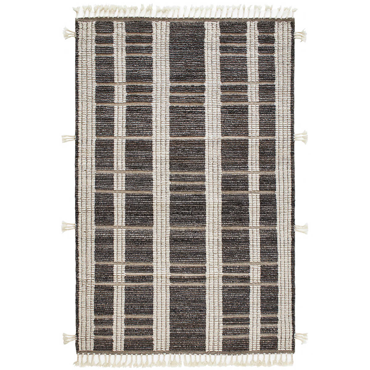 The Tory Grey/Ivory Rug stripes of Ivory fleece alternate with raised bands of naturally colored, mélange Charcoal wool. Interspersed by low-profile, woven taupe boundaries that bring rhythm to the textural blocks. Length sides are lightened with funky, bohemian braided tassels that add whimsy. Amethyst Home provides interior design services, furniture, rugs, and lighting in the Seattle metro area.