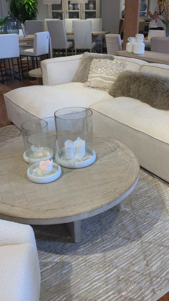 Made from reclaimed solid pine, this Harley Round Coffee Table brings an organic feel to any space. A sturdy, stylish piece to add to any living room or lounge area.  Reclaimed Solid Pine Light White Wash with Waterbase Sealed Finish