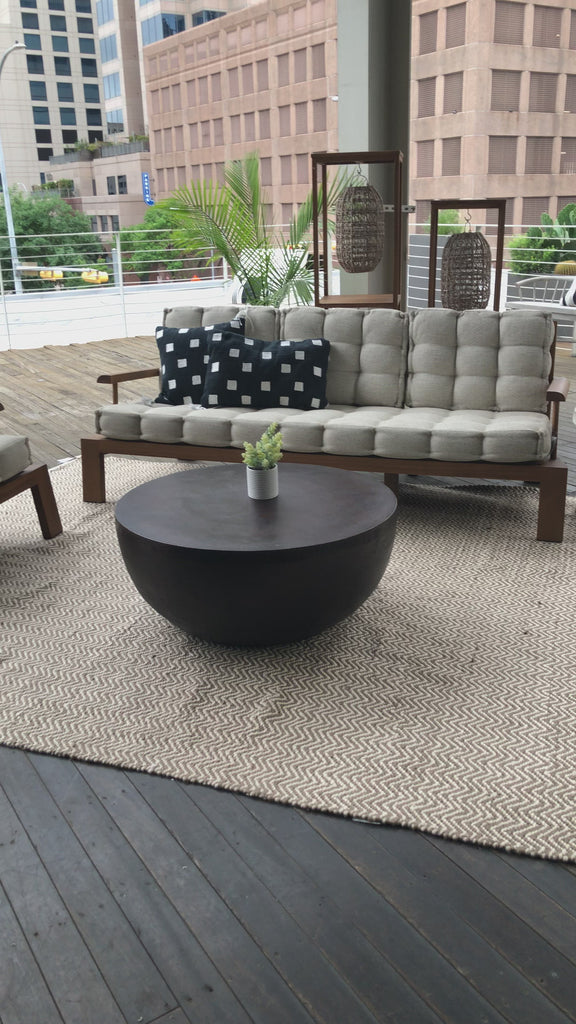 This Basil Outdoor Coffee Table - Antique Rust has an antique rust finish that highlights aluminum's natural depth, for a sleek, simple look with implied movement. Cover or store indoors during inclement weather and when not in use.  Overall Dimensions: 36.00"w x 36.00"d x 15.00"h