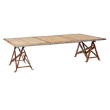 Preserving naturally rustic imperfections, the Brickmaker XL Dining Table provides an unexpected statement to any dining room or patio collection. Laid with 3 reclaimed azobe wood pallets, each panel maintains its own unique character of intriguing watermarks and decorative scars. This trestle table has two waxed rust iron legs that contrast handsomely with its rudimentary table top. The Brickmaker Dining Table is an ageless and raw find  Size: 55.5" w x 130" l x 30" h  Materials: Salvaged azobe wood, steel