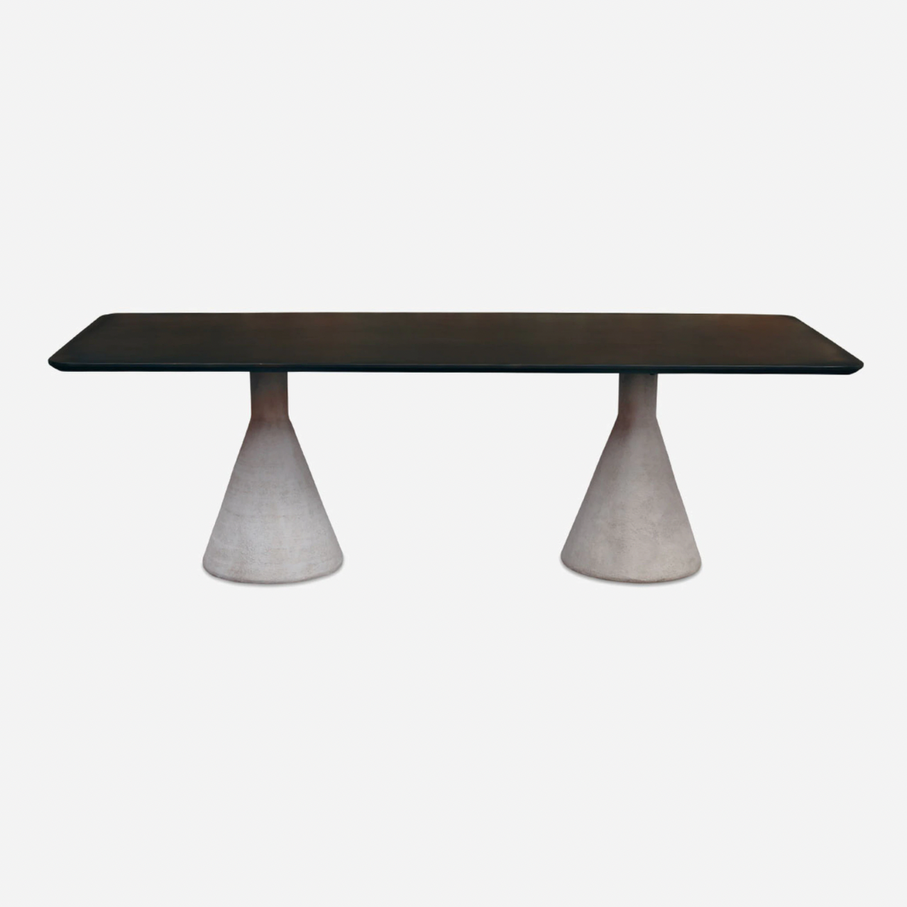 This Conical Dining Table is made from stainless steel and inspired by Willy Guhl Hourglass Planters. The unique base is made from aluminum with a concrete finish - a statement piece for any dining room or kitchen!   Size: 40"d x  94"w x 30" h Materials: Stainless Steel