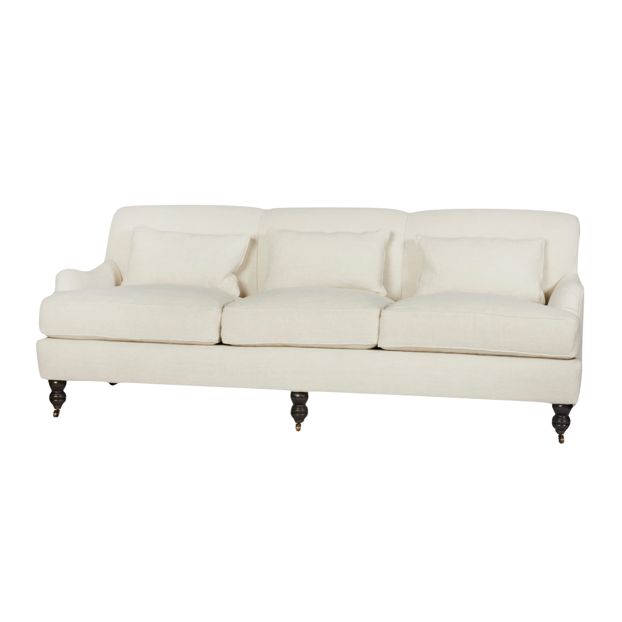 The Beaumont Sofa by Cisco Brothers is a twist on traditional style, with a piping detail and turned front legs with antique casters. Relax into the comfortable lumber pillows for back support with style. Photographed in Brevard Birch.   Overall: 84"w x 38"d x 33"h Sitting Space: 74"w x 24"d Seat Height: 19"h Arm Height: 23"h