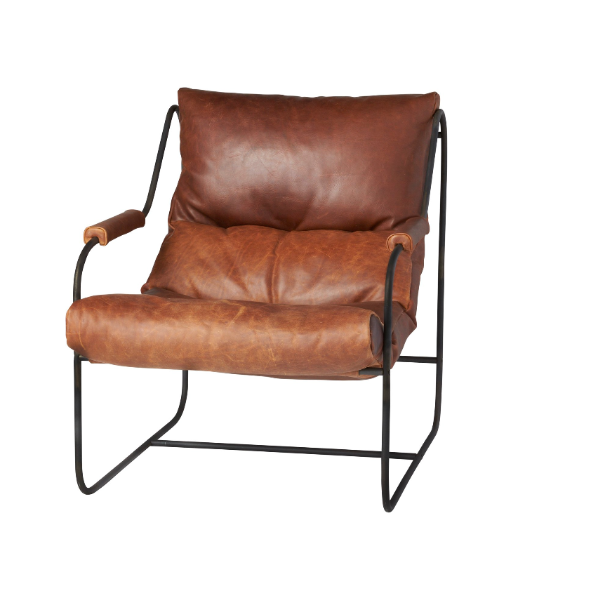 Like "sitting in an American baseball glove" -- the Brando Leather Chair from Cisco Brothers was love at first sit in this unique chair! We compare the feel to sitting in a hammock. As shown in Spur Terracotta in a Grade 500 leather.  Size: 27"w x 36"d x 32"h Seat space: 25"w x 19"d x 17.5"h