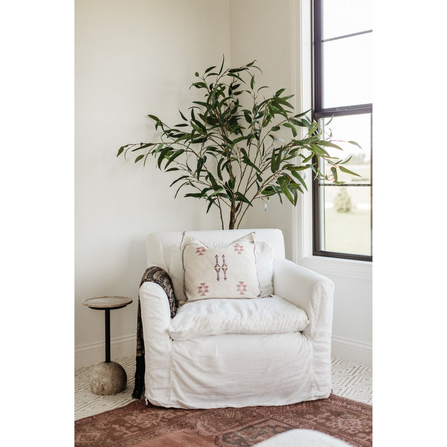 Our Donato Chair from Cisco Brothers is one of our dreamiest seats! This photographed version of the chair was made in a beautifully made white denim of 100% cotton. This chair is equal parts casual and chic. A triple washed down feather cushion feels like a cloud with upholstered support beneath!  Overall Size: 36"w x 37"d x 31"h Seat Space: 25"w x 18"d x 16"h Arm Height: 24"h