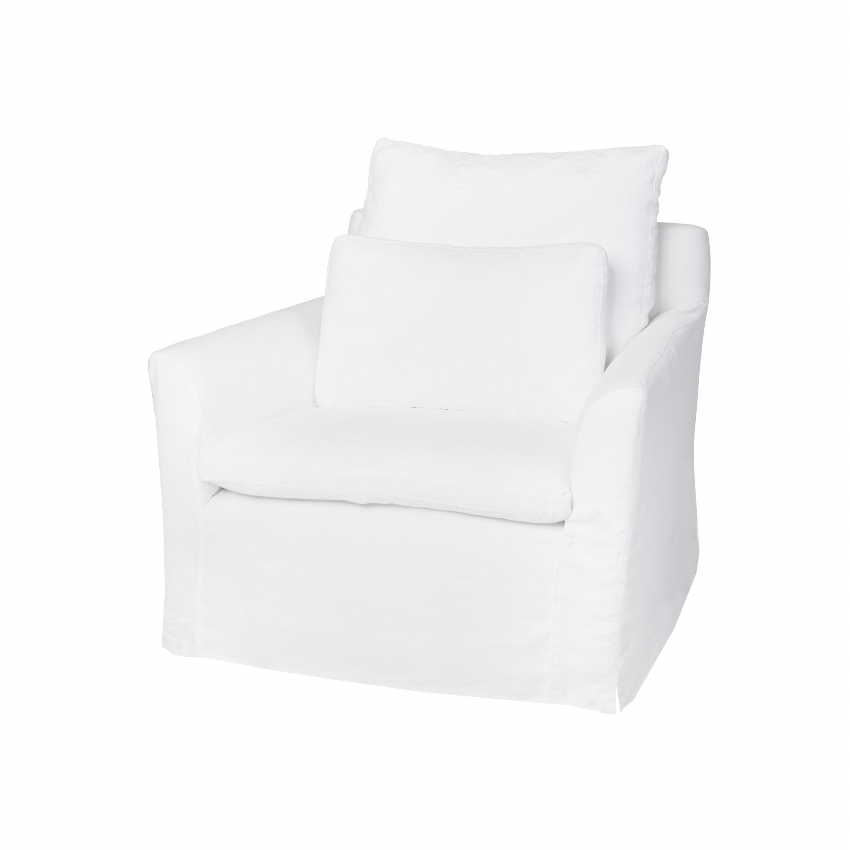 Our Donato Chair from Cisco Brothers is one of our dreamiest seats! This photographed version of the chair was made in a beautifully made white denim of 100% cotton. This chair is equal parts casual and chic. A triple washed down feather cushion feels like a cloud with upholstered support beneath!  Overall Size: 36"w x 37"d x 31"h Seat Space: 25"w x 18"d x 16"h Arm Height: 24"h