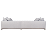This Richard Sectional by Cisco Home is a modern classic that features a stunning tufted back and large bench seating. The Waterfall Seat Cushions offer ideal support and comfort for you and your guests. The metal base adds an element of interest to the frame, making the Richard the perfect centerpiece.  Overall: 126"w x 56"d x 26.5"h
