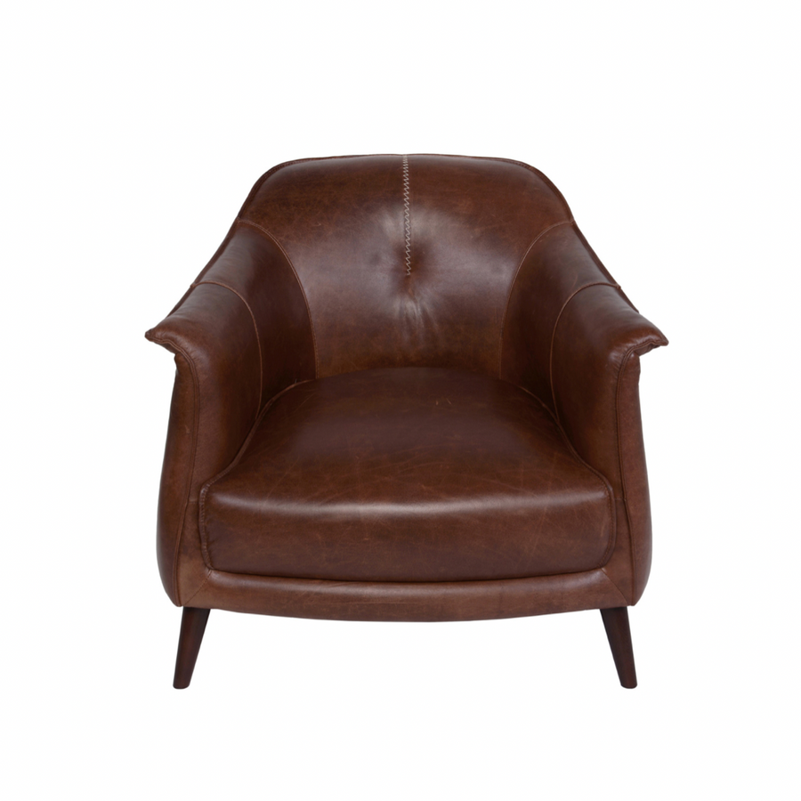 The Victor leather chair instantly transforms any living room into an infinitely sophisticated space. The tan leather upholstery and gently curved back are both chic and superbly comfortable. The chair is supported by a pocketed coil spring seating on solid oak wood legs for added durability.