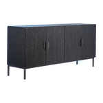 This Athens Sideboard has a textured surface that brings a unique look to any room. The doors open to two spacious shelves, perfect for storing your extra linens, china, or other things around the house.  Reclaimed Pine on Iron Frame Black Stained and Sealed Wood and Antique Iron Size: 79"l x 20"d x 35"h 