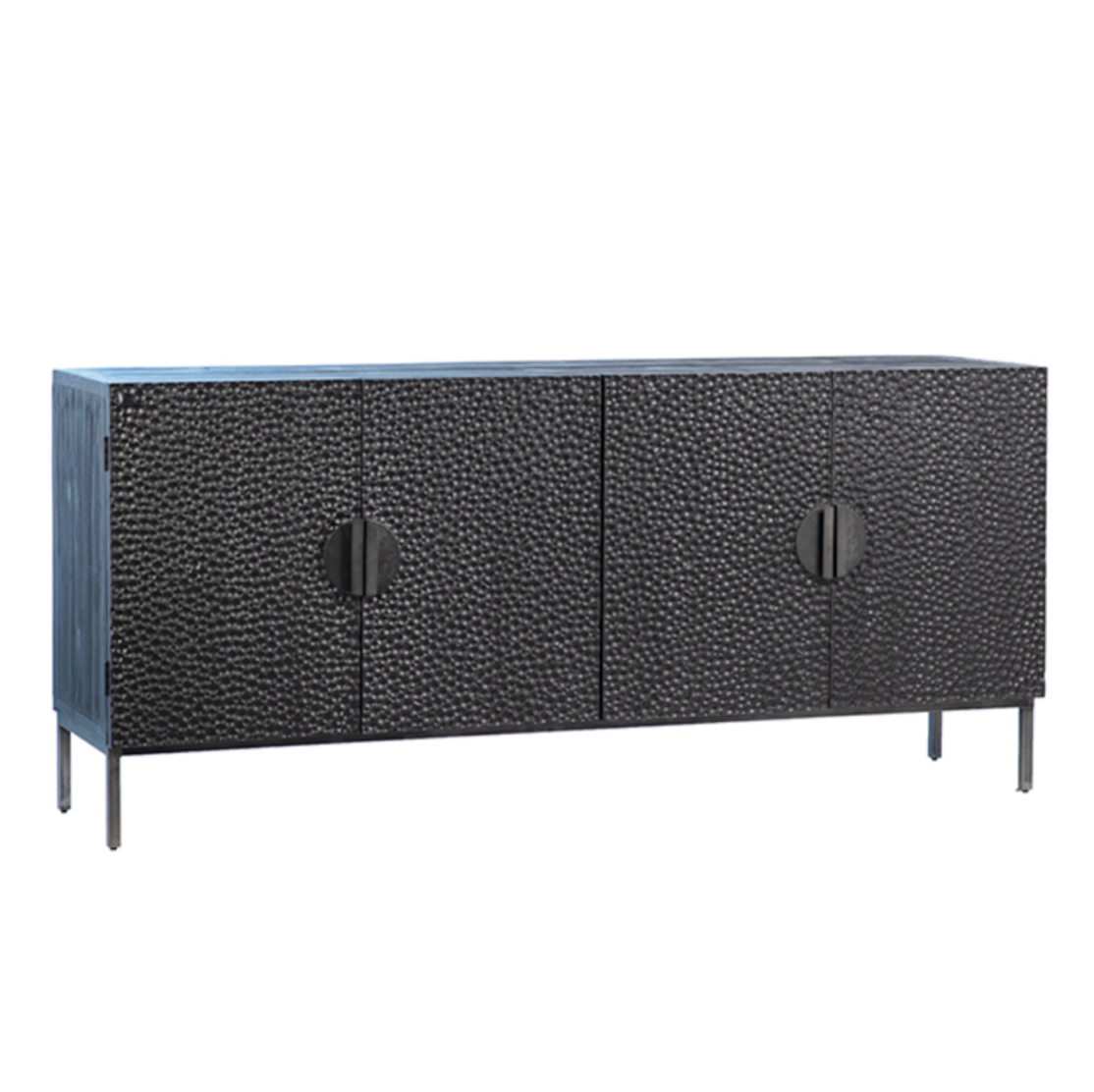 This Athens Sideboard has a textured surface that brings a unique look to any room. The doors open to two spacious shelves, perfect for storing your extra linens, china, or other things around the house.  Reclaimed Pine on Iron Frame Black Stained and Sealed Wood and Antique Iron Size: 79"l x 20"d x 35"h 