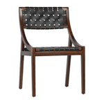 The details are simply amazing on this Camila Dining Chair. Add extra seating with a side chair that's as much a masterpiece of design as it is comfortable.   Teak Frame with Full Grain Leather Weaving Frame in Medium Brown and Black Leather Size: 21"l x 17"d x 33"h