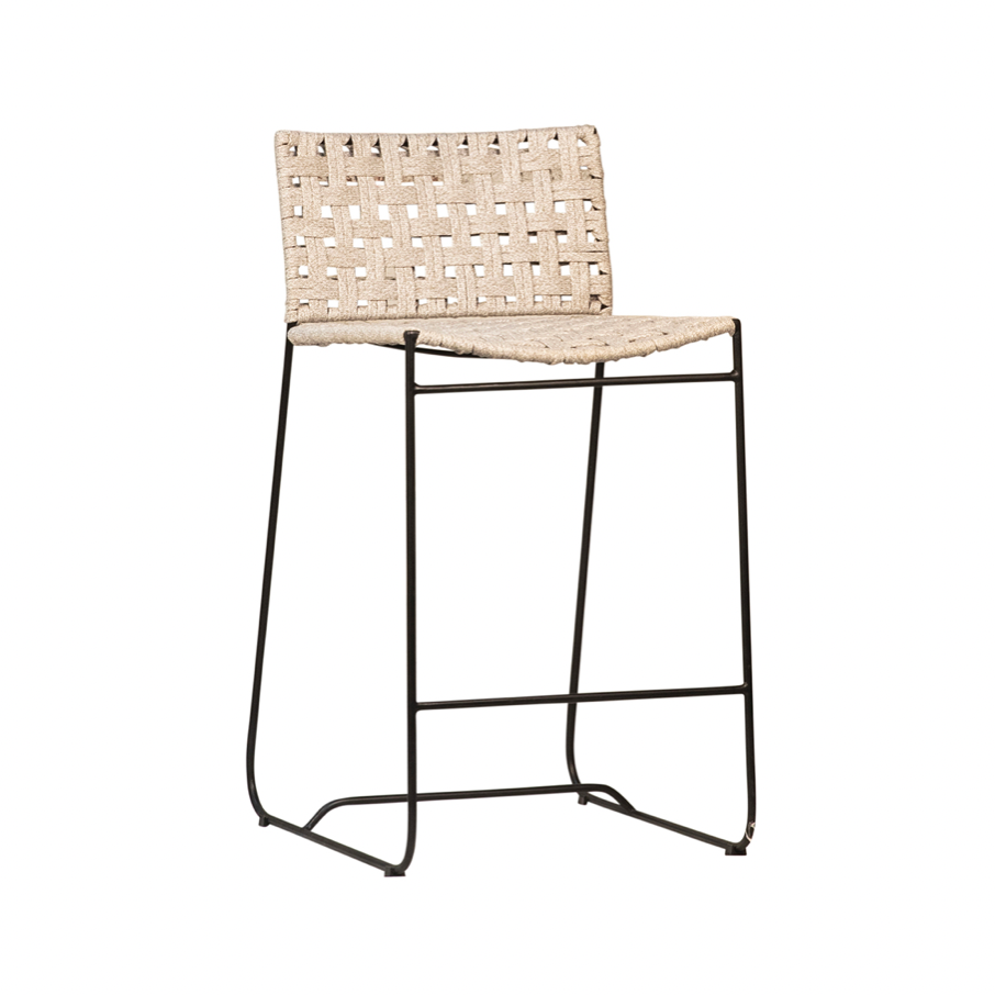 We love the natural color rope paired with the iron base of this Ezra Counter Stool. The perfect chair for your indoor or outdoor counter area.  Powder Coated Iron and Flat Rope Natural Color Rope with Powder Coated Black Legs Indoor Outdoor Use Size: 18"l x 22"d x 34"h 