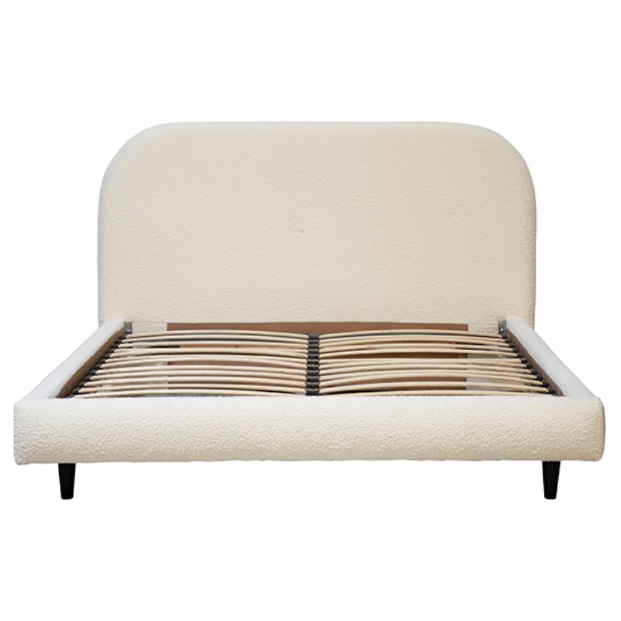 We love the rounded edges of this Marlene Bed. The off white boucle brings a textured, warm look to any bedroom.  Linen with Pine Wood Frame Off White Boucle Upholstery with Black Wood Legs 
