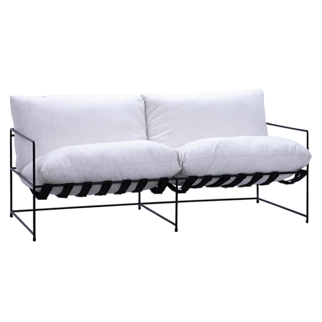 Similar to our Amethyst Favorite Alvar Chair, this Maurice 2 Seater Sofa brings comfort and style to any room. This features an elegant, slender frame with the cozy look and feel of plush, overstuffed cushions.  100% Polyester, Metal Frame Off White Color Upholstery with Matte Black Metal Frame Performance Fabric Size: 71"l x 36"d x 33"h