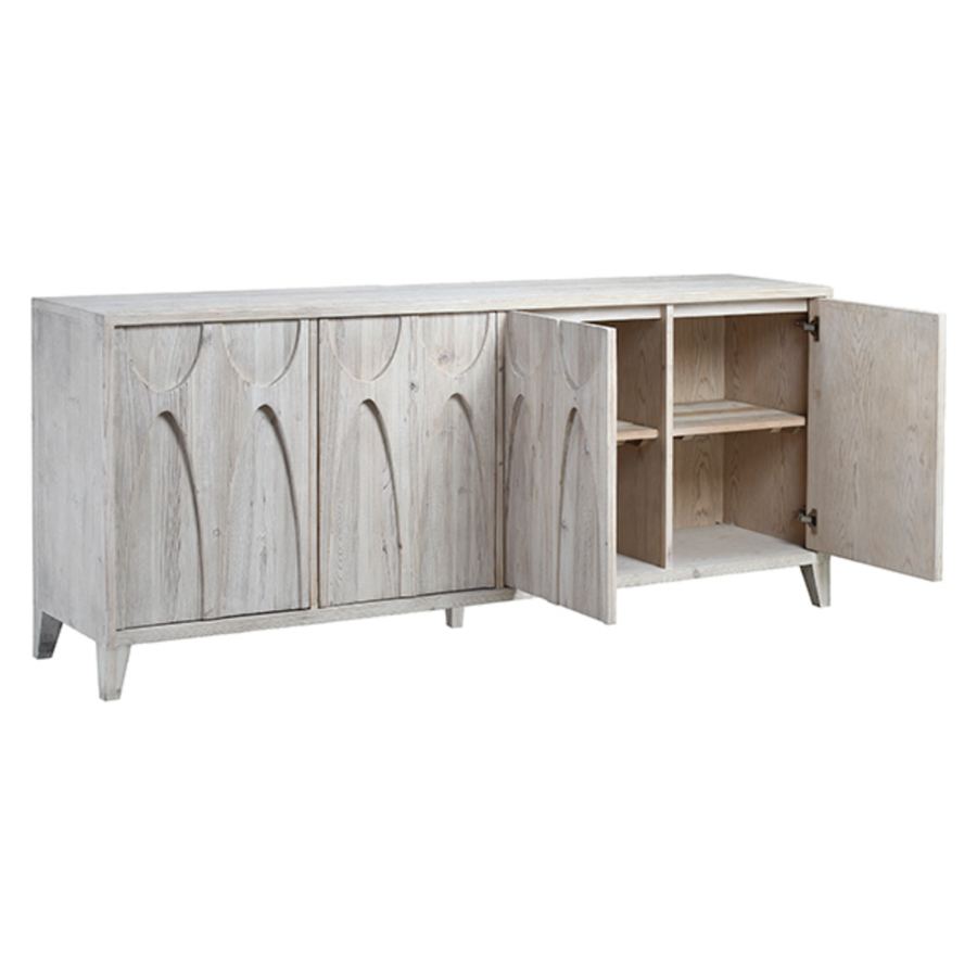 With four doors opening to shelves, this Montes Sideboard brings a beautiful and functional piece to the any dining room, living room, or other area.  Reclaimed White Pine Grey White Water Based Sealed Finish Amethyst Home celebrates natural materials, which often comes with beautiful imperfections. Each piece is made uniquely for you, please expect some variation and character -- we embrace the design approach of Wabi Sabi  Size: 79"l x 18"d x 33"h 