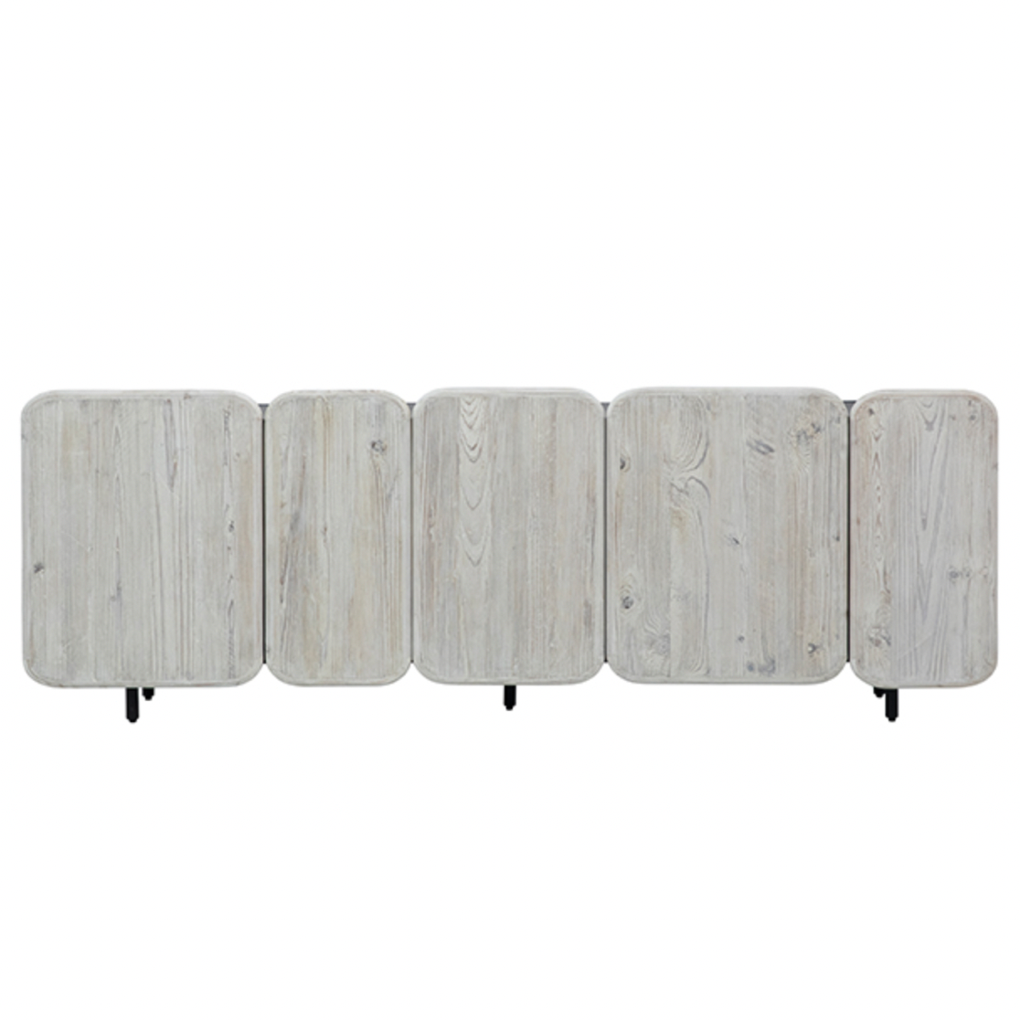 We love the rounded edges and different size doors of this Nubla Sideboard. The grey white antique finish brings an antique vibe to modern spaces.  Reclaimed Pine on Iron Frame Grey White and Antique Black Finish Size: 73"l x 19"d x 25"h 