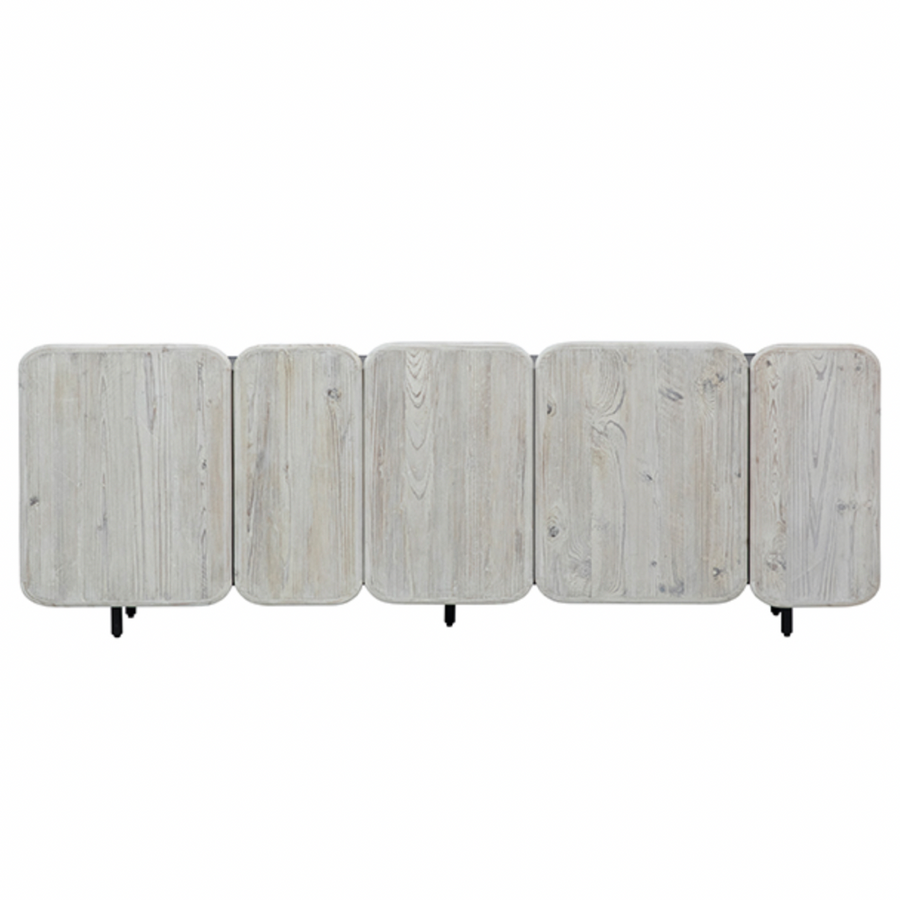 We love the rounded edges and different size doors of this Nubla Sideboard. The grey white antique finish brings an antique vibe to modern spaces.  Reclaimed Pine on Iron Frame Grey White and Antique Black Finish Size: 73"l x 19"d x 25"h 