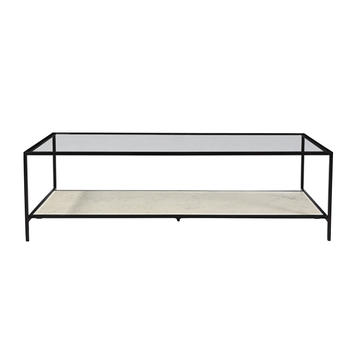 The Ramos Coffee Table is a chic addition to any room with a glass top, gun metal black finish, and marble bottom shelf.  WHITE MARBLE IRON AND GLASS GUN METAL IRON FINISH Size: 52"l x 28"d x 15"h