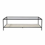 The Ramos Coffee Table is a chic addition to any room with a glass top, gun metal black finish, and marble bottom shelf.  WHITE MARBLE IRON AND GLASS GUN METAL IRON FINISH Size: 52"l x 28"d x 15"h