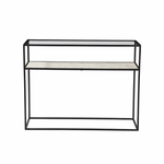 The Ramos Console Table has a thin iron glass frame with a gorgeous marble shelf. This brings a sleek element to any entryway or living room.  IRON WITH GLASS AND MARBLE GUN METAL FINISH FLAT POLISHED GLASS Size: 42"l x 12"d x 32" h 