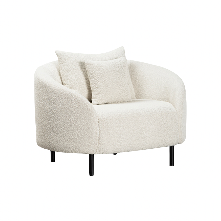 We love the gorgeous light sand boucle upholstery paired with the black, metal legs on this Rani Occasional Chair. Comfortable and stylish, we'd love to see this in your living room or lounge area! 